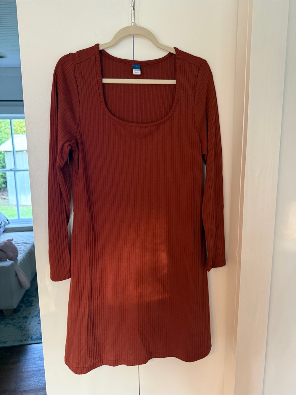 Ribbed Long Sleeve Scoop Neck Dress - Rust - Old Navy